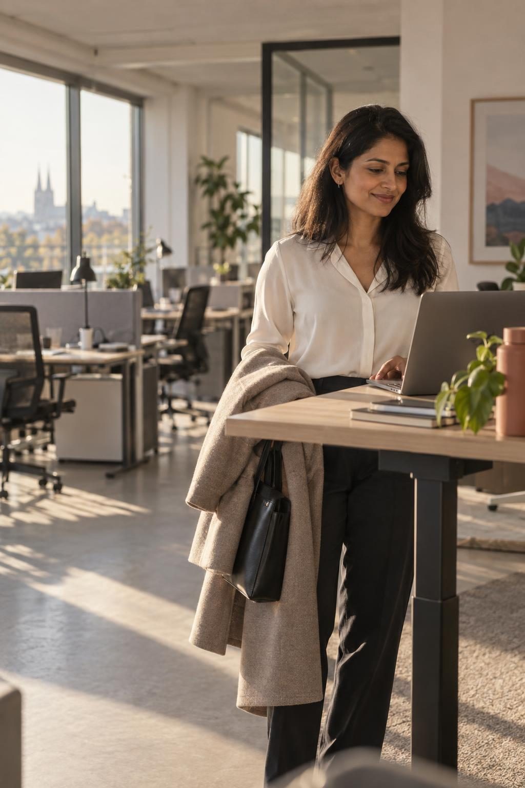 Woman arriving at the office on Monday morning, glancing contentedly at her laptop
