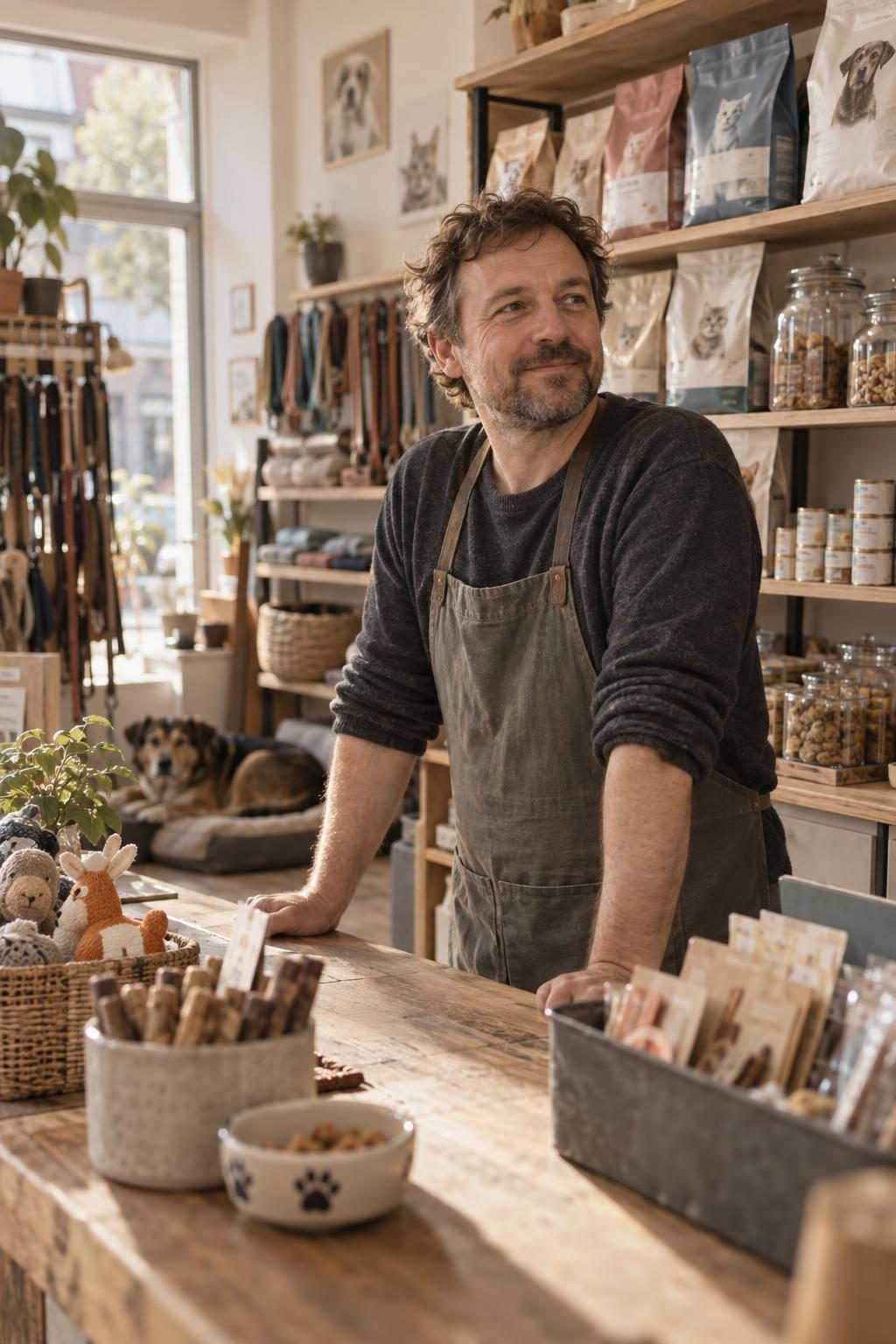 Owner of a pet supply shop smiling at the counter