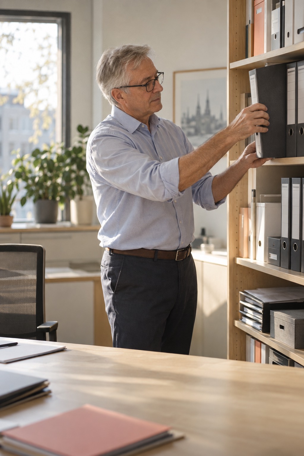 Accountant in his sixties pulling a binder from the shelf in a quiet office