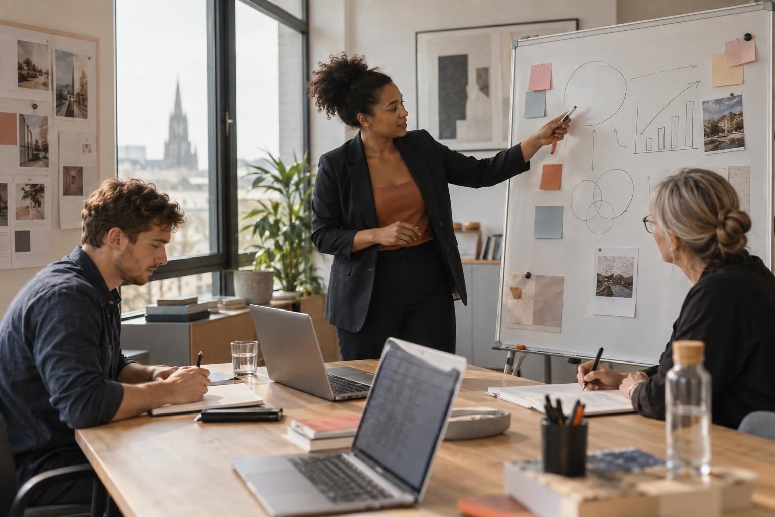 Head of marketing walking her team through a plan at the whiteboard