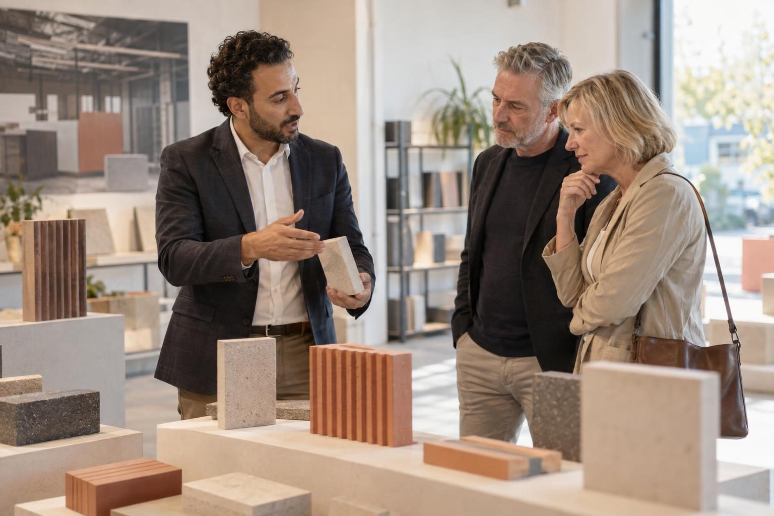 Three people discussing material samples in a bright showroom